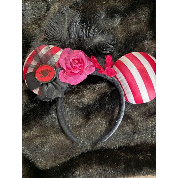 Disney Parks Pirates of The Caribbean Striped Feather Minnie Ears Headband Pink